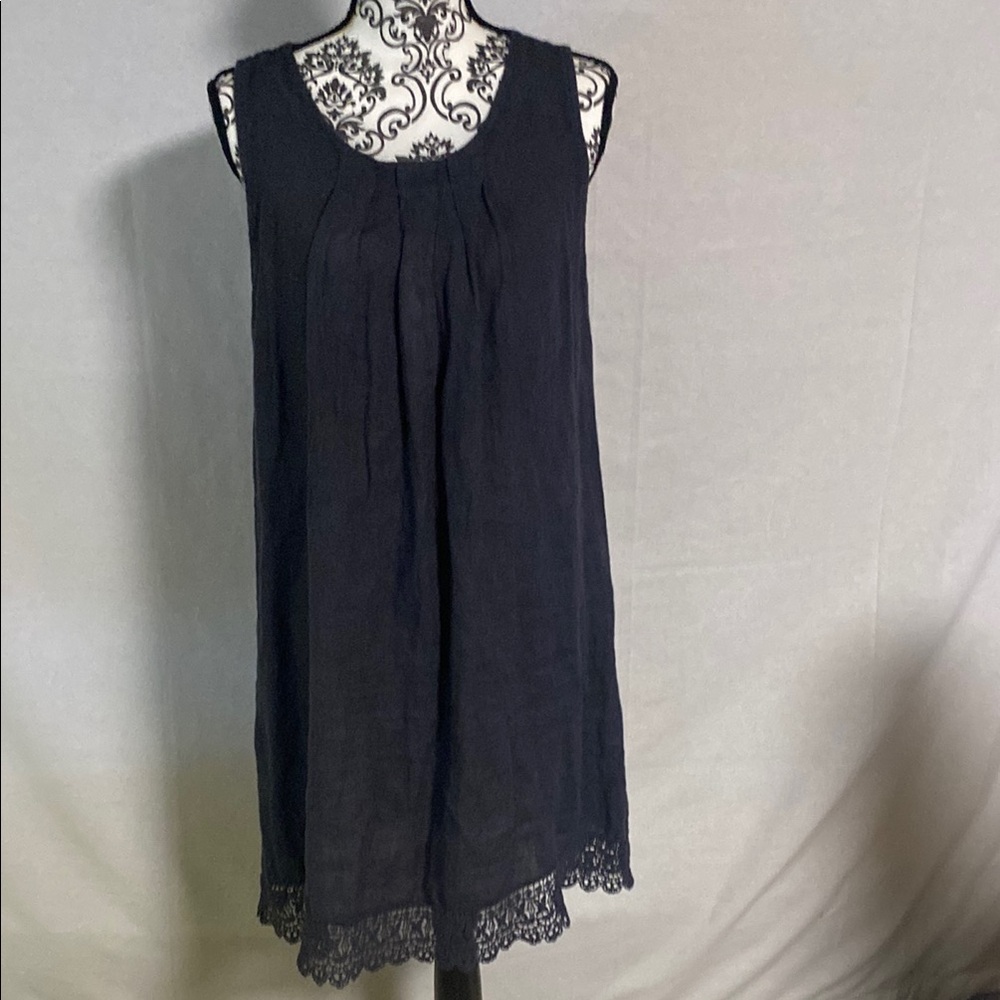 Rosemarine Made in Italy Slate Blue Sleeveless Midi Linen Dress with Lace trim